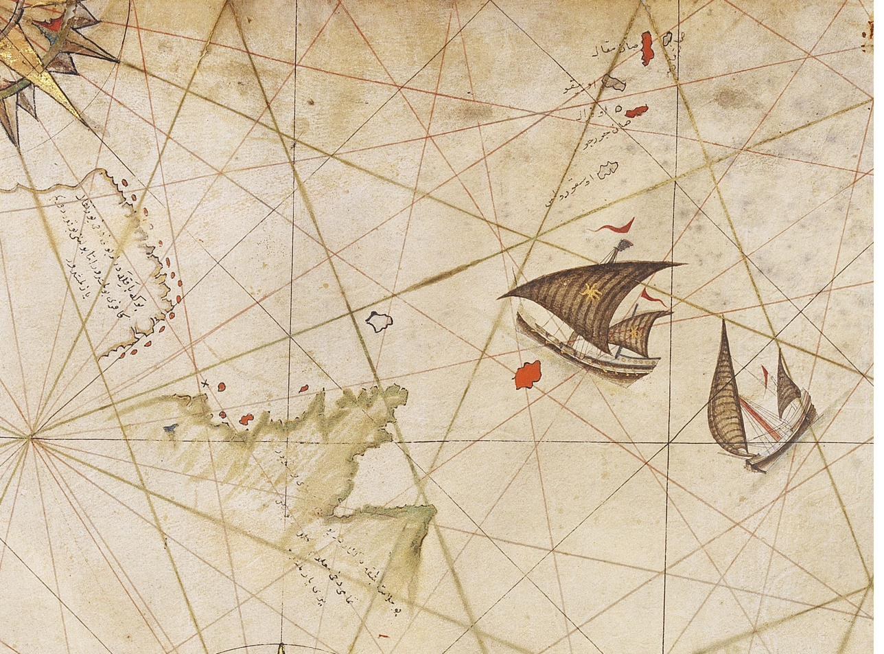 Detail of an Ottoman portolan chart, sixteenth century, showing rhumb lines crossing the Mediterranean and two sailing vessels